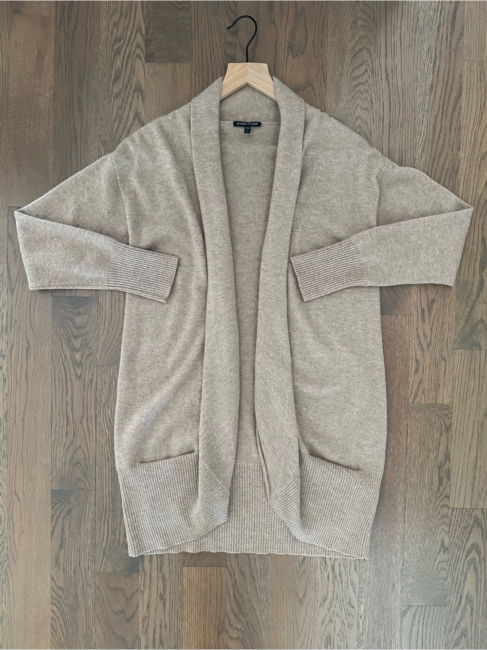Eileen Fisher Shawl 100% Cashmere Long Open Cardigan Sweater Light Oak Beige S